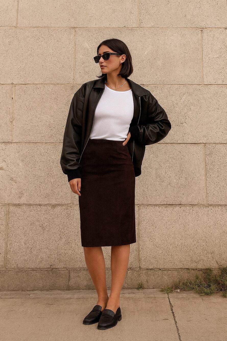 Vintage Y2K Gap Suede Straight Skirt Size 4 Chocolate Brown Midi Minimalist